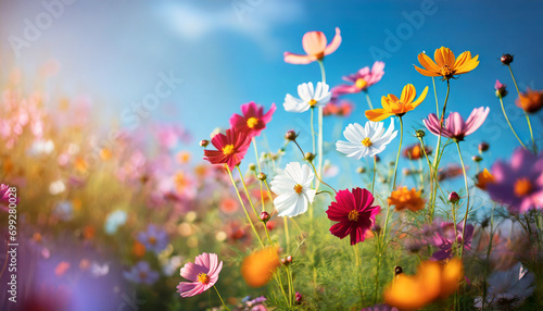 Vibrant multicolored cosmos flowers bloom in a sunlit meadow against a clear blue sky, representing the beauty of nature in spring