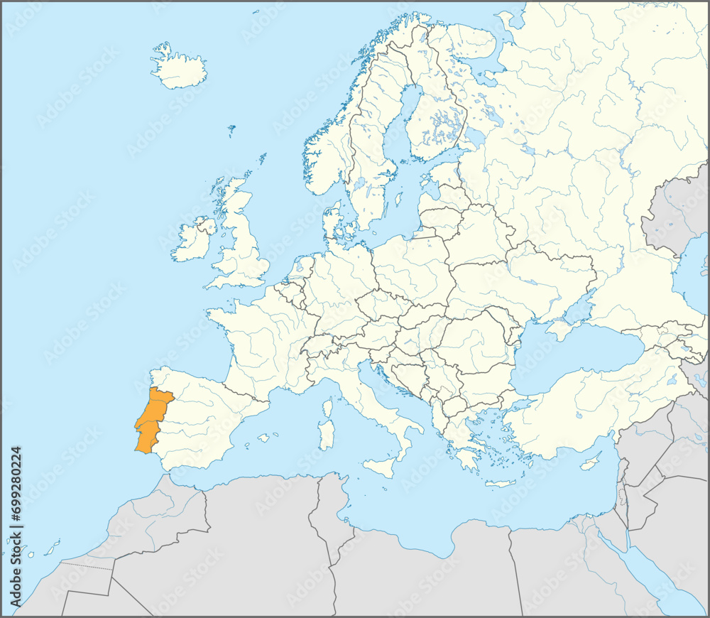 Naklejka premium Orange CMYK national map of PORTUGAL inside detailed beige blank political map of European continent with rivers and lakes on blue background using Mercator projection