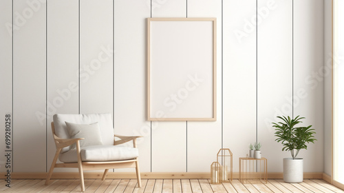 An airy living space with an empty interior poster mockup in a vertical wooden frame  inviting creativity and imagination into the room.