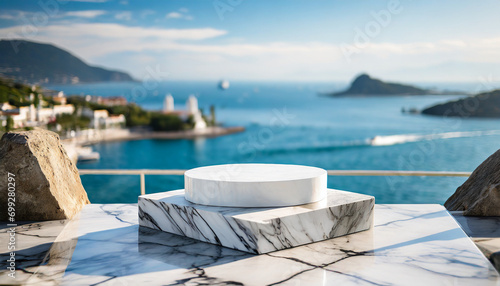 White marble podium against serene sea backdrop, symbolizing success and tranquility