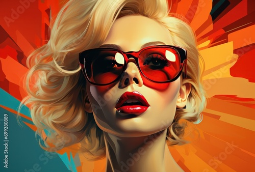 Vibrant Blonde Woman with Curly Hair and Red Lipstick Wearing Colorful Sunglasses