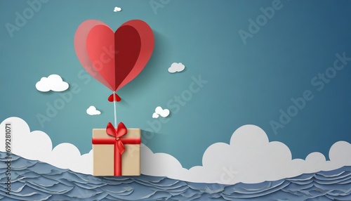 valentines gift carried by heart balloon in the sky. Layered paper design