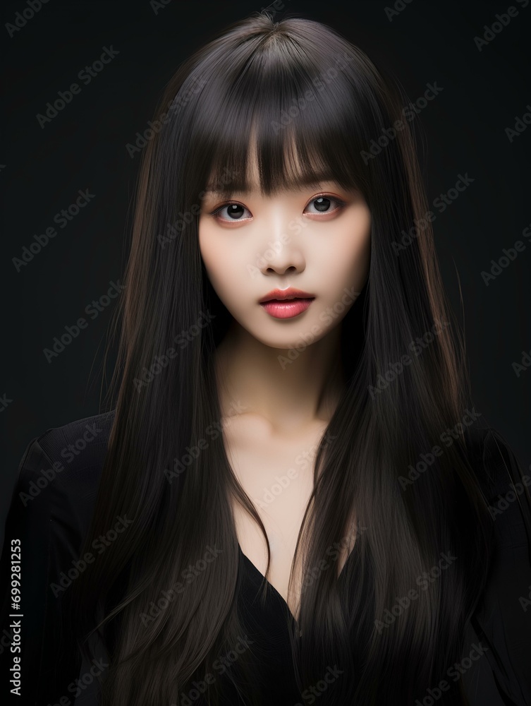 Portrait of beautiful young Korean woman with long straight hair with soft bangs, AI Generative Portrait of beautiful young Korean woman with long straight hair with soft bangs, AI Generative