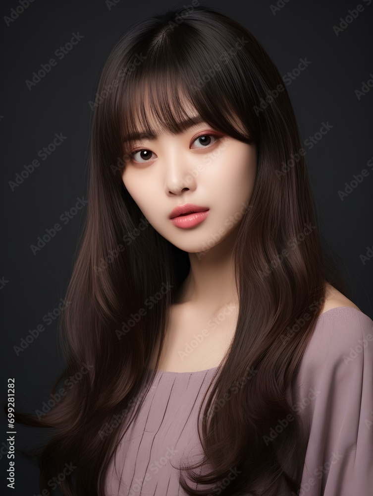 Portrait of beautiful young Korean woman with long straight hair with soft bangs, AI Generative Portrait of beautiful young Korean woman with long straight hair with soft bangs, AI Generative