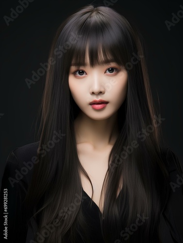 Portrait of beautiful young Korean woman with long straight hair with soft bangs  AI Generative