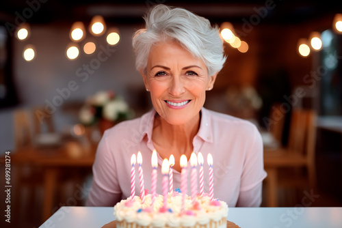 Happy smiling mature woman with a birthday cake with lot of candles