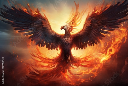 A majestic phoenix rising from ashes, symbolizing rebirth and strength, with vibrant flames against a twilight sky.