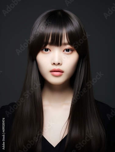 Portrait of beautiful young Korean woman with long straight hair with soft bangs, AI Generative