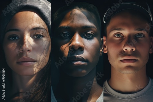 Collage of diverse faces reflecting solitude, sadness, and calm emotions across various races.