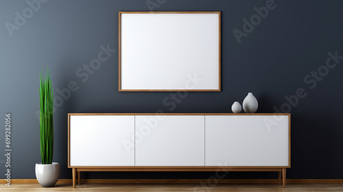 White-framed mockup photo against navy blue wall, mounted on a wooden cabinet. © AB malik