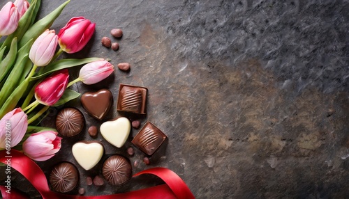 Chocolates and colorful tulips on stone for Valentine's Day, Mother's Day, Weddings, and more.
