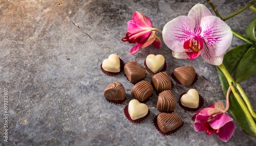 Chocolates and orchids on stone for Valentine's Day, Mother's Day, Weddings, and more.