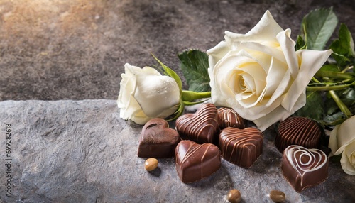 Chocolates and roses on stone for Valentine's Day, Mother's Day, Weddings, and more.