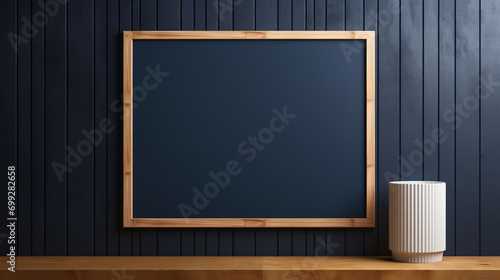 empty Wooden slat mockup frame against a deep indigo wall, mounted on a wooden cabinet.