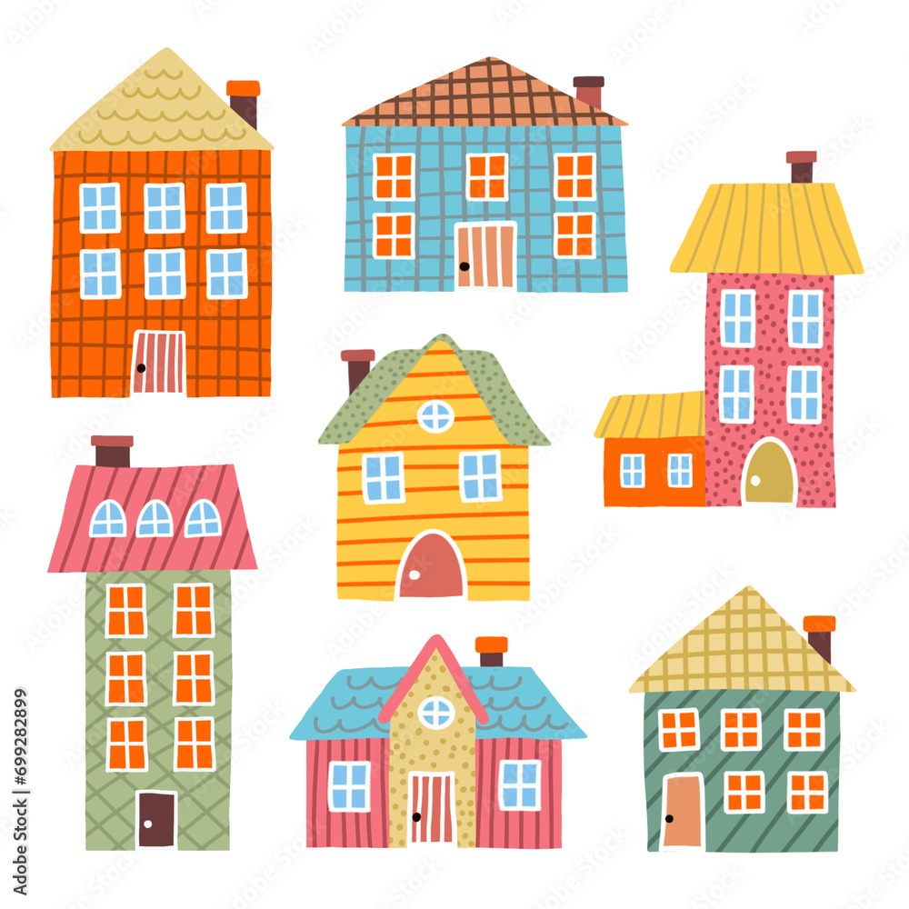 Set of cute houses. Cartoon buildings with hand drawn textures Set of cute houses. Cartoon buildings with hand drawn textures