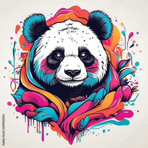 AI generates a psychedelic graphic design with a panda. Use the design style of RVCA clothing brand. ((White background)), vector style, for T-shirt printing.