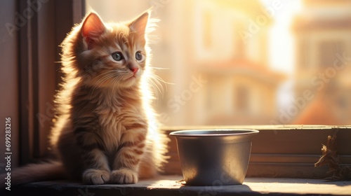 Cute fluffy red kitten sitting on the windowsill, soft sunlight. A pet.