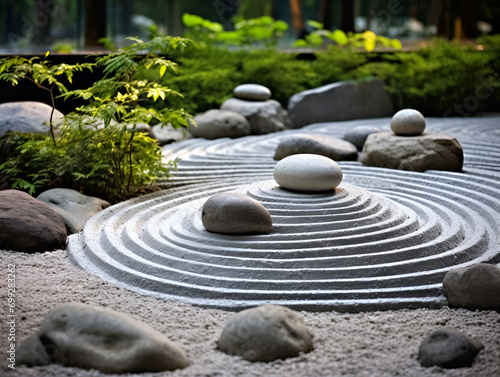 Carefully arranged stones in a Zen garden with intricate sand patterns offering a peaceful retreat
