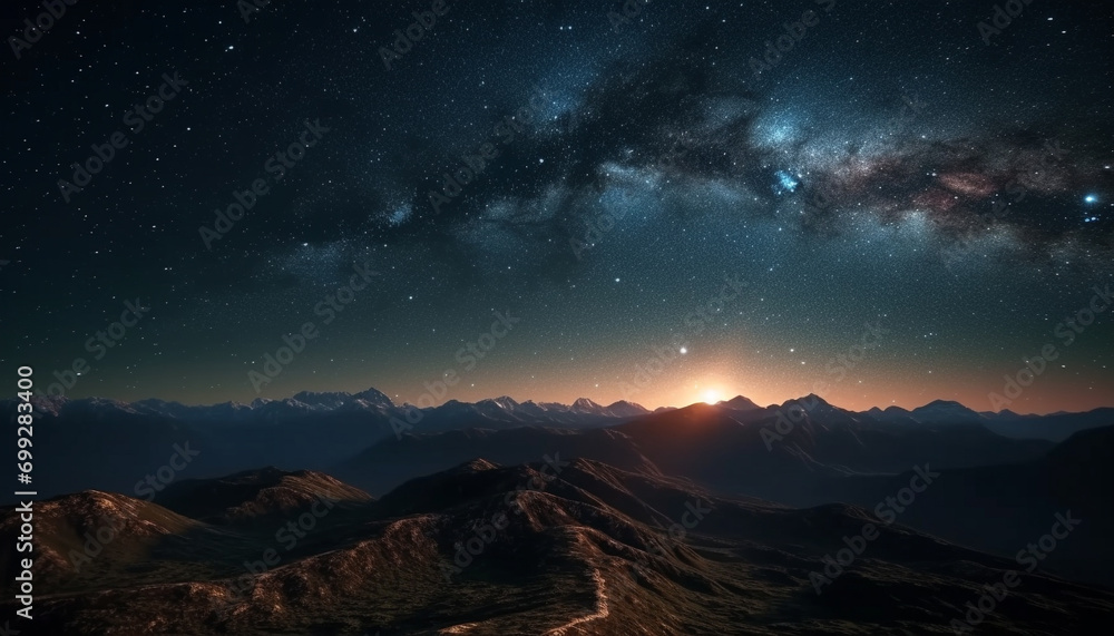 Majestic mountain peak illuminated by star trail in night sky generated by AI