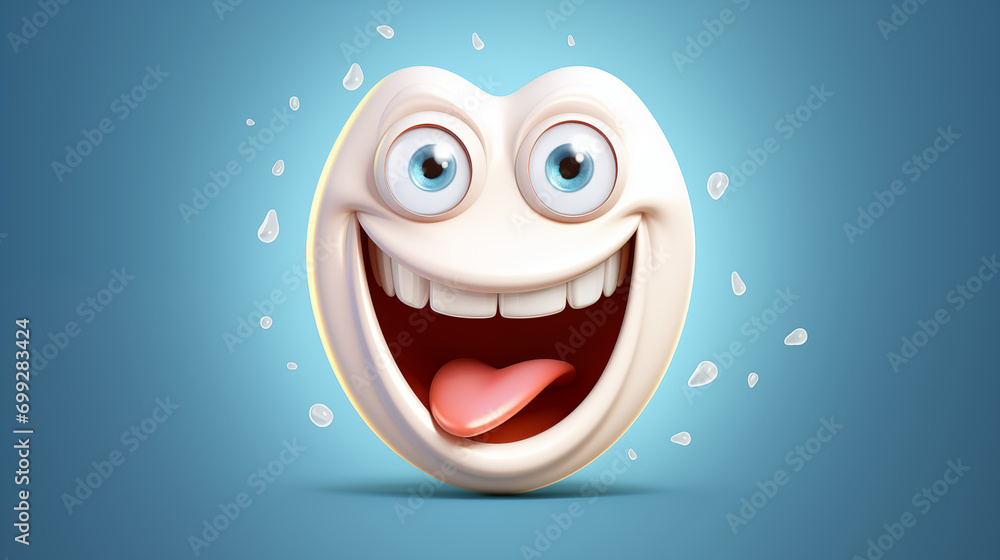 Cartoon tooth with eyes, on a blue background with copy space, dentistry, dentist, oral health Cartoon tooth with eyes, on a blue background with copy space, dentistry, dentist, oral health