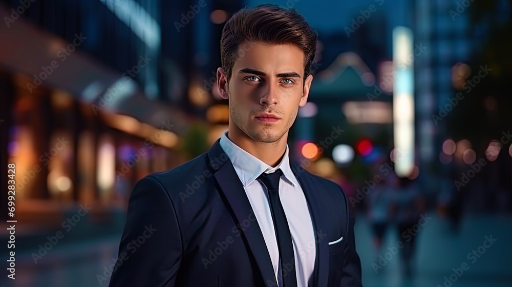 Portrait of a young guy in formal clothes with a background in the form of an office city