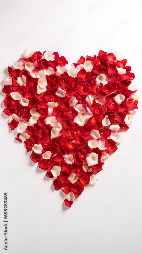 A luxurious white carpet with red petals of roses, creating the shape of a heart A luxurious white carpet with red petals of roses, creating the shape of a heart
