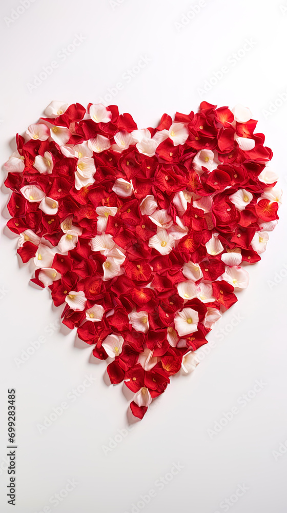 A luxurious white carpet with red petals of roses, creating the shape of a heart