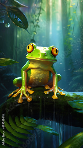 Anthropomorphic frog, depicted against the background of a tropical forest © JVLMediaUHD