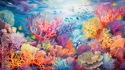 Vivid and diverse coral reef bustling with marine life, showcasing the underwater splendor. For educational content, travel and tourism promotions, environmental conservation campaigns