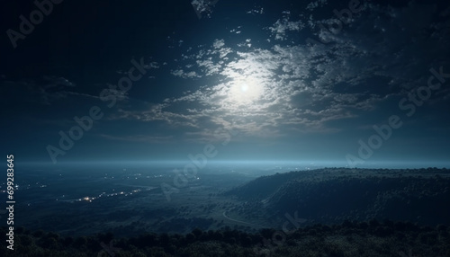 Tranquil dusk, mountain silhouette, illuminated by moonlight, nature serene beauty generated by AI