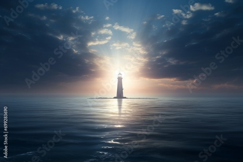 A serene depiction of a lighthouse casting a light beam across a calm sea, guiding ships, metaphor for guidance in development