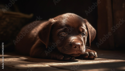 Cute puppy lying down, looking at camera, playful and tired generated by AI