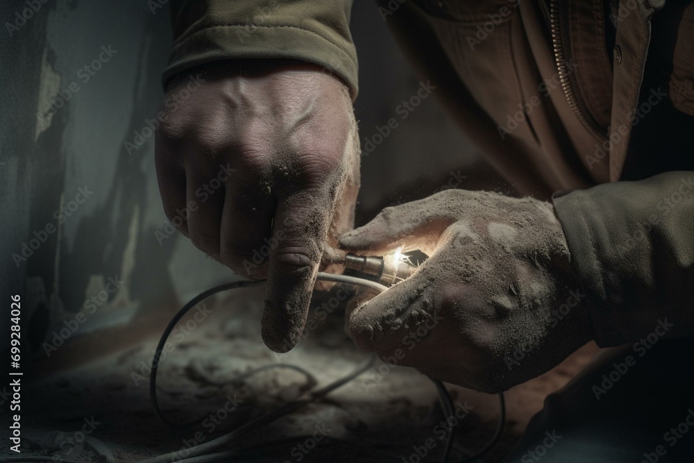 A tradesman punches a hole in concrete for electrical cables - interior design - concealed electrification. Generative AI - obrazy, fototapety, plakaty 