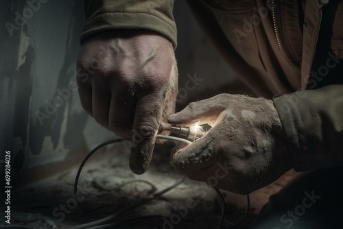 A tradesman punches a hole in concrete for electrical cables - interior design - concealed electrification. Generative AI