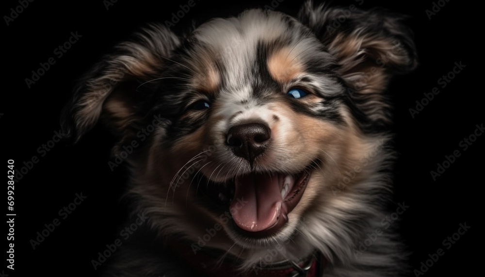 Cute puppy portrait small, fluffy, purebred dog, looking at camera generated by AI