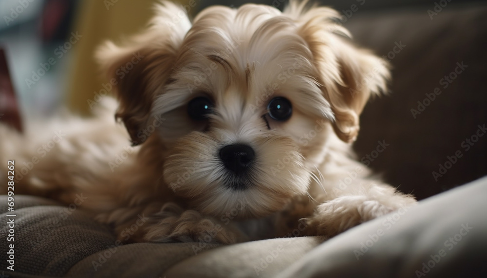 Cute puppy sitting, looking at camera, fluffy fur, charming eyes generated by AI Cute puppy sitting, looking at camera, fluffy fur, charming eyes generated by AI