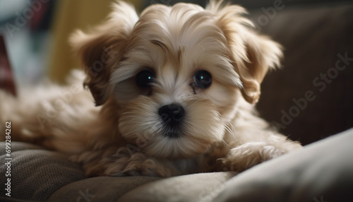 Cute puppy sitting, looking at camera, fluffy fur, charming eyes generated by AI