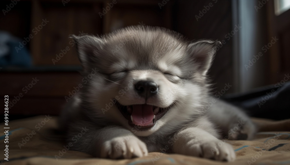 Cute puppy sleeping, fluffy and small, indoors, peaceful and adorable generated by AI