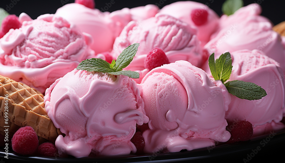 Freshness and indulgence in a pink, berry filled ice cream sundae generated by AI Freshness and indulgence in a pink, berry filled ice cream sundae generated by AI