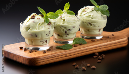 Fresh fruit and yogurt dessert with mint leaf garnish generated by AI