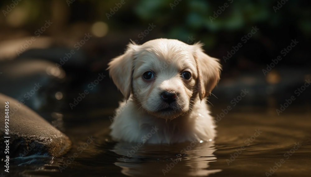 Cute puppy sitting outdoors, looking at camera, wet and playful generated by AI Cute puppy sitting outdoors, looking at camera, wet and playful generated by AI