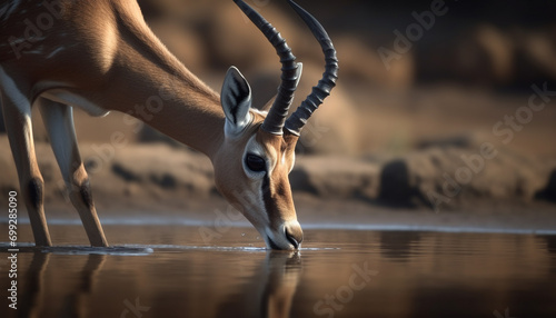 Impala gazelle standing in the African wilderness, reflecting the sunset generated by AI photo