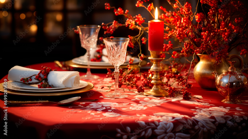 Christmas table with candles, plates and red napkins in front of Christmas trees on bokeh and warm brown background