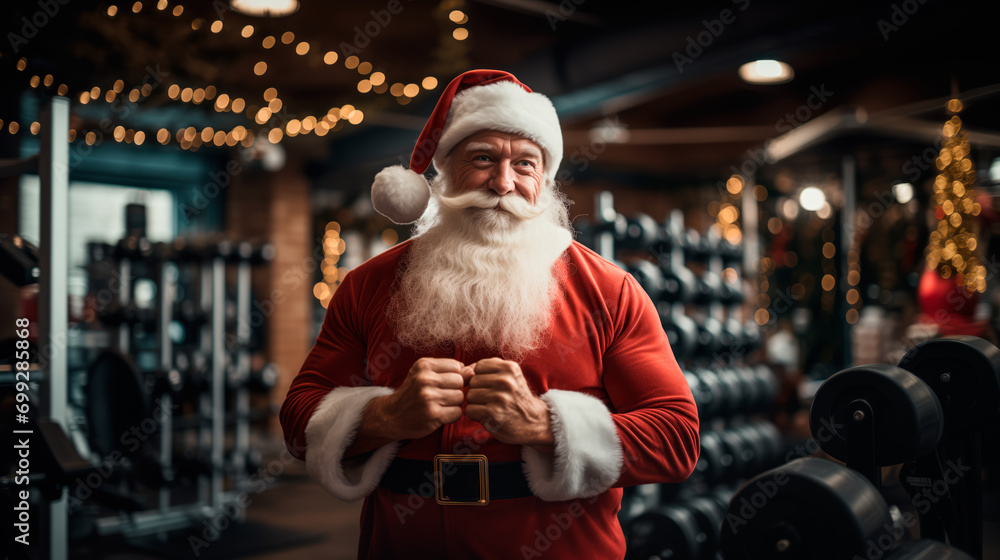 Man as fitness model in Santa Clause outfit standing in the gym on bokeh dark background.