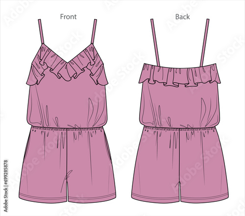 Vector jumpsuit with elastisized waistband fashion CAD, summer woman short romper with shoulder straps and frills technical drawing, template, flat, sketch. Jersey or woven fabric jumpsuit, pink color