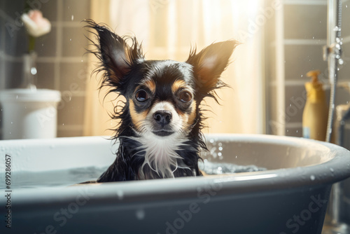 Adorable Canine Relaxing in Bathroom Tub © Andrii 
