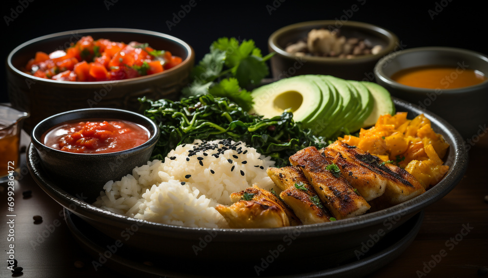 Grilled meat and vegetables on a fresh plate, ready to eat generated by AI Grilled meat and vegetables on a fresh plate, ready to eat generated by AI