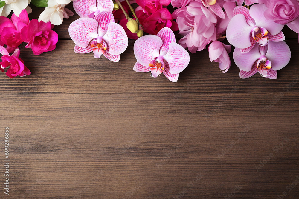 Exquisite Floral Arrangement with Orchids, Roses, and Carnations on Wooden Background - Created with Generative AI Tools Exquisite Floral Arrangement with Orchids, Roses, and Carnations on Wooden Background - Created with Generative AI Tools