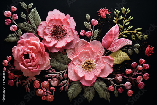 Beautiful Multi-Color Flowers Embroidered on Dark Fabric - Exquisite Floral Decor for Fashion and Textiles - Created with Generative AI Tools