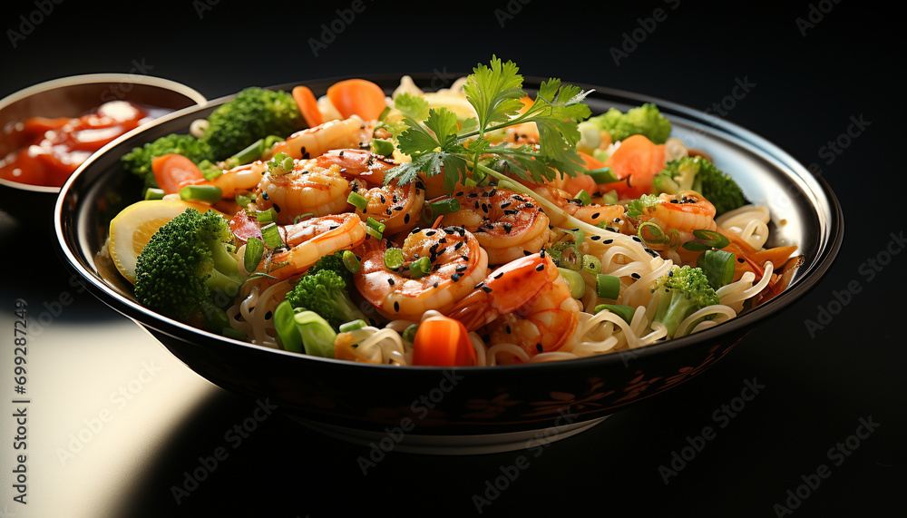 Fresh seafood salad with grilled prawns, pasta, and vegetables generated by AI Fresh seafood salad with grilled prawns, pasta, and vegetables generated by AI
